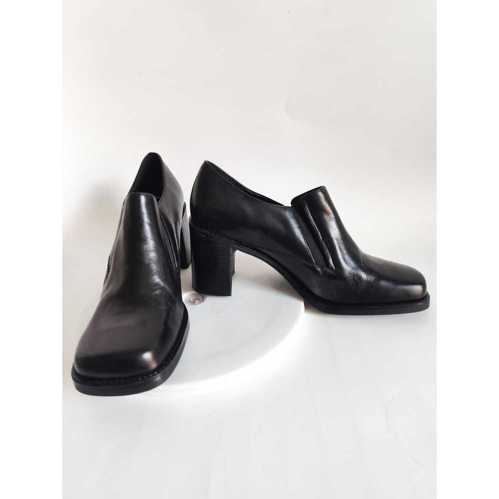 Bass Loafers 8 Square Toe 90s Block Heel Black Leather‎ Vintage Shooties Retro